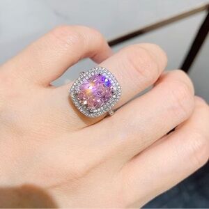 Rapunzel Disney Inspired Pink Cushion-Cut Halo Ring Silver Tone New without Tags